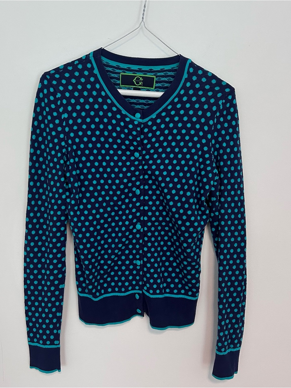 C. Wonder Navy Cardigan with Teal Polka Dots